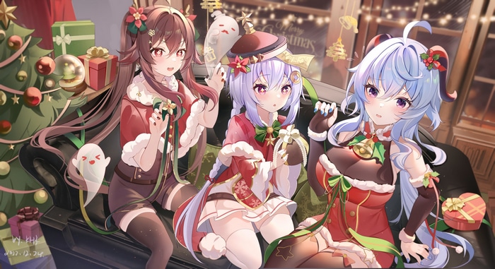 Genshin Impact characters Hu Tao, Qiqi, and Ganyu in Christmas outfits