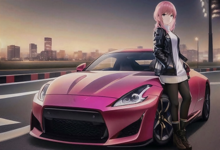 Anime girl with pink hair and a pink car