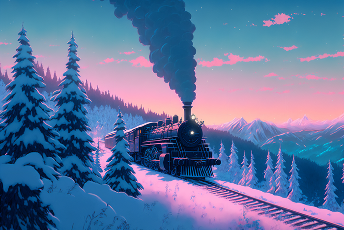 Steam train traveling through a snowy mountain landscape at sunset