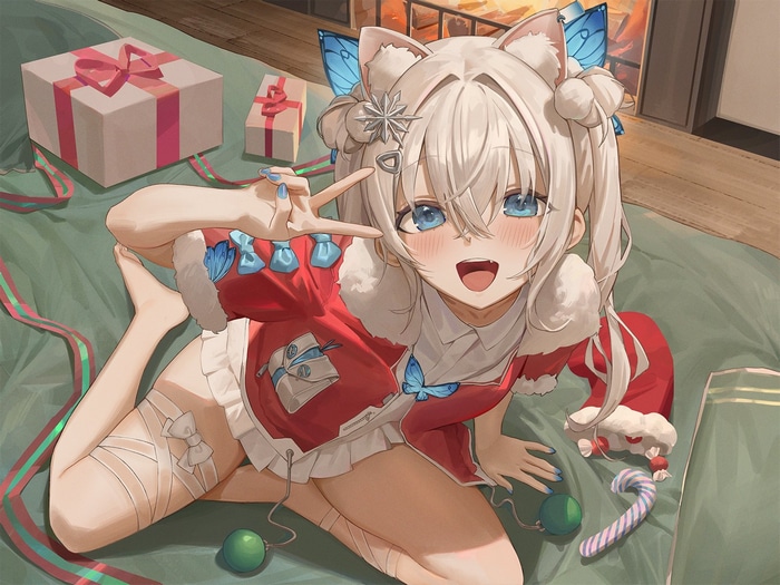 Cat girl in Christmas clothes with presents