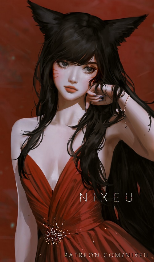 Woman with black hair and fox ears in red dress