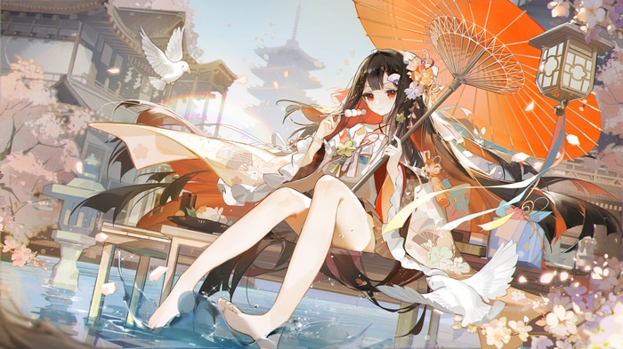 4K anime girl with umbrella and birds
