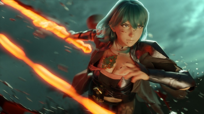 Byleth from Fire Emblem with fiery sword