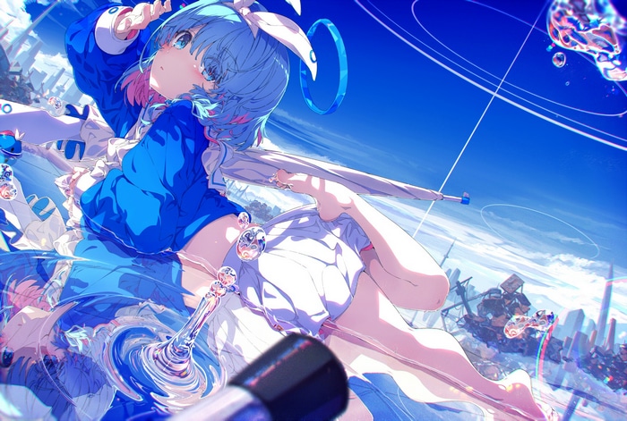 Blue Archive girl with blue hair and umbrella in water