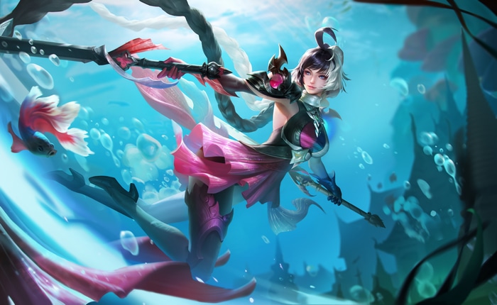 4K underwater art of a woman with a spear and fish