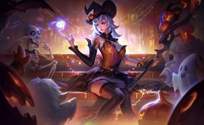 Halloween Witch Girl with Staff and Skeletons