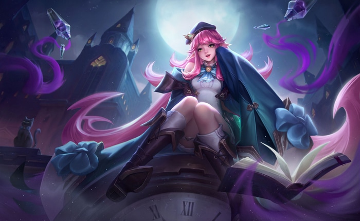 Video game character with pink hair and blue cloak