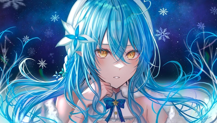 Yukihana Lamy with blue hair and yellow eyes