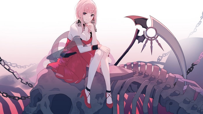 Mori Calliope sits on a skeleton with a scythe