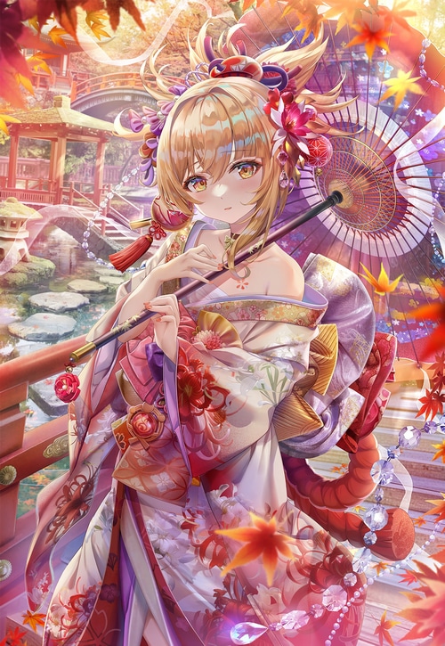 Yoimiya in a Japanese Garden with an Umbrella