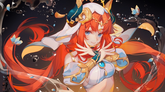 Nilou from Genshin Impact with flowing red hair