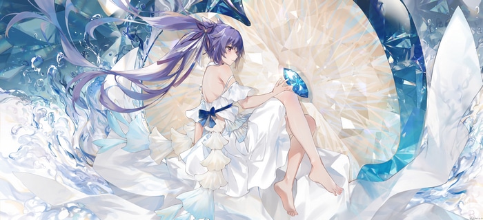 Keqing in a white dress with a blue gem