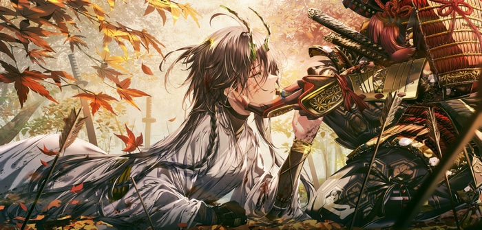 Samurai warrior and injured figure in autumn forest