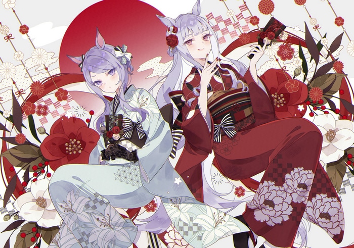 Two anime women in kimonos with animal ears