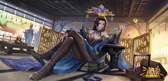 Video game art of a woman in a blue dress