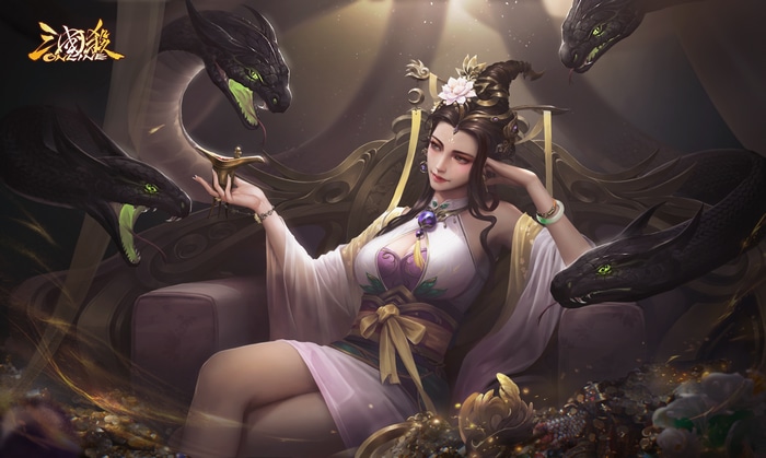 Woman with snakes in Three Kingdoms video game art