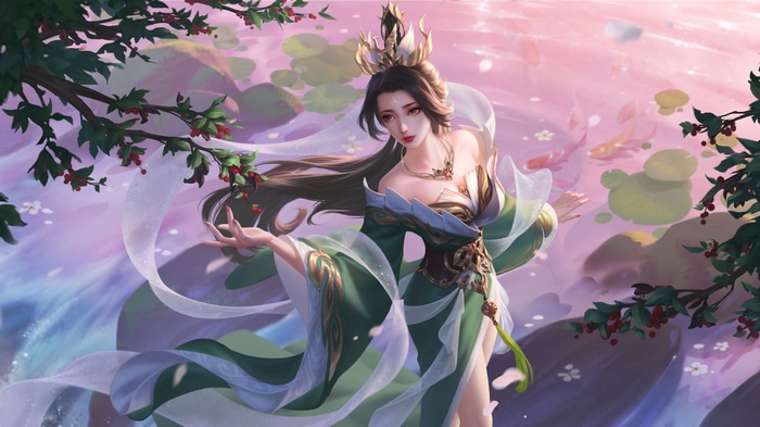 4K video game girl with crown and green dress