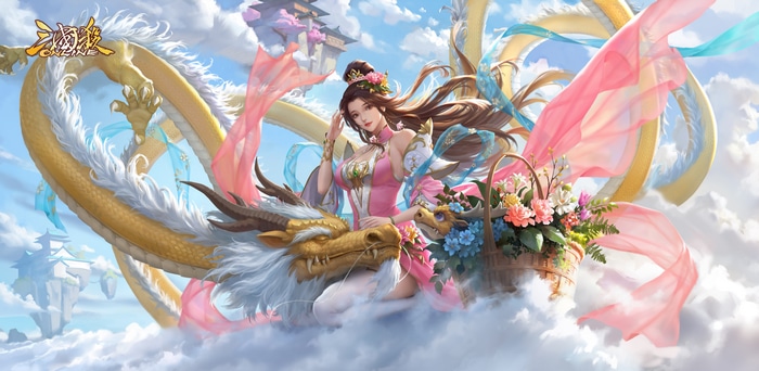 4K Chinese Dragon and Woman with Flowers