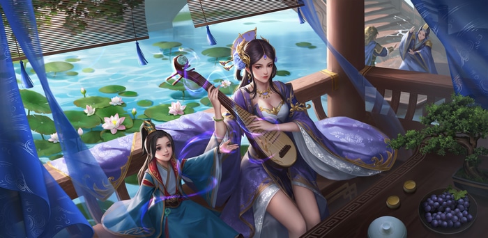 4K: Women playing music by water lilies