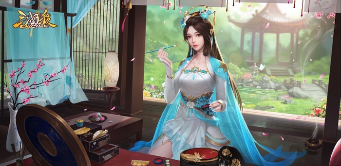 Three Kingdoms woman applying makeup with cherry blossoms