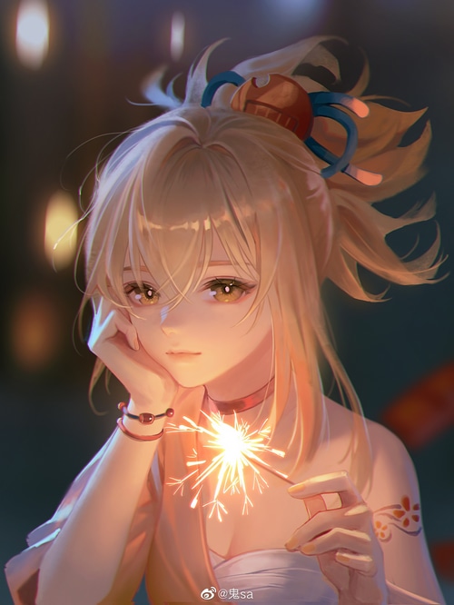 Yoimiya holding a sparkler