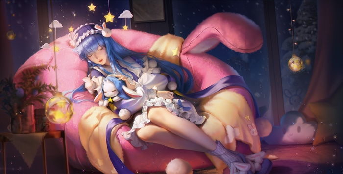 4K Honor of Kings: Blue-haired girl sleeping with creature