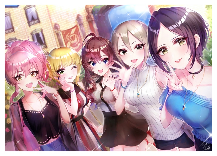 Five anime girls taking a selfie outdoors