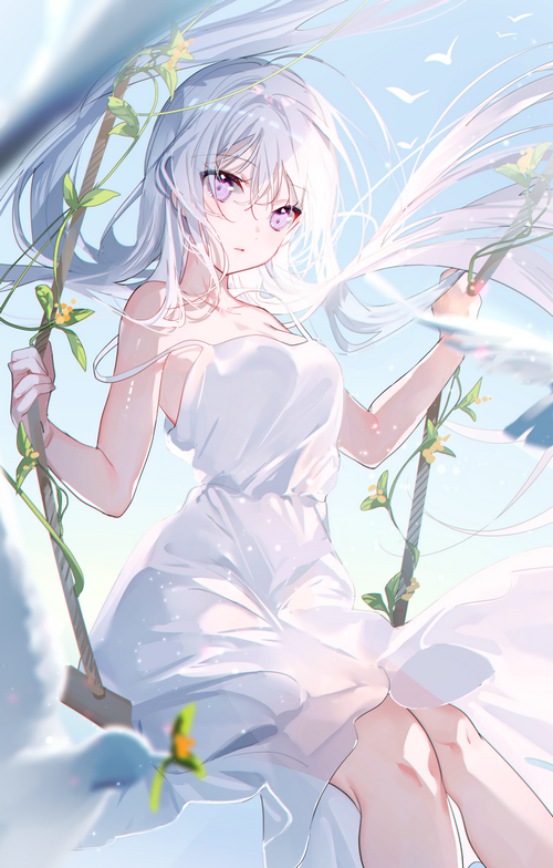 Girl with white dress on a swing
