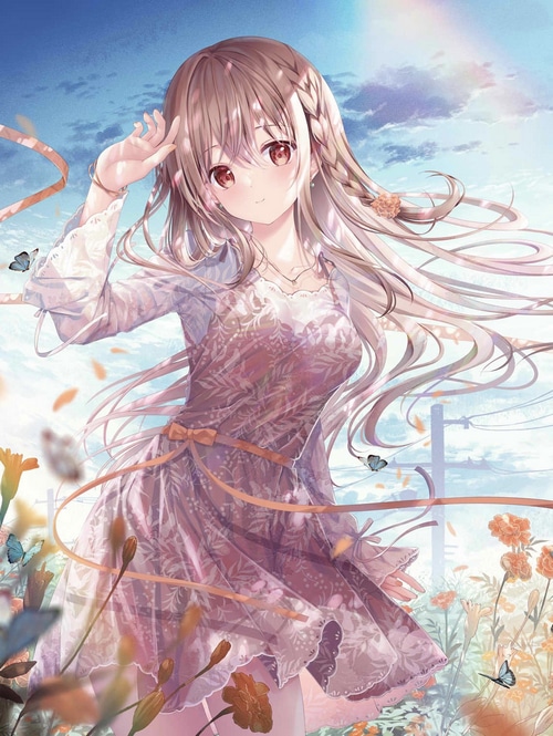 Anime girl with braids and butterflies in a field of flowers