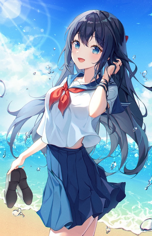 Schoolgirl on a beach with blue hair and blue eyes