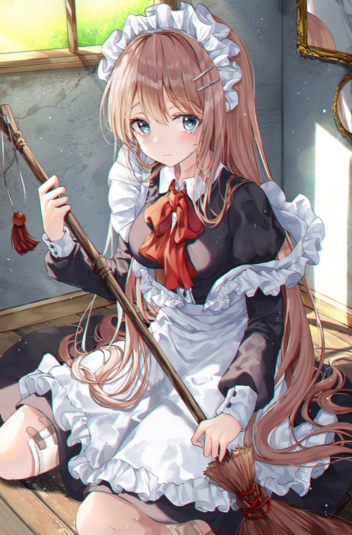 Maid with a broom, crying and blushing