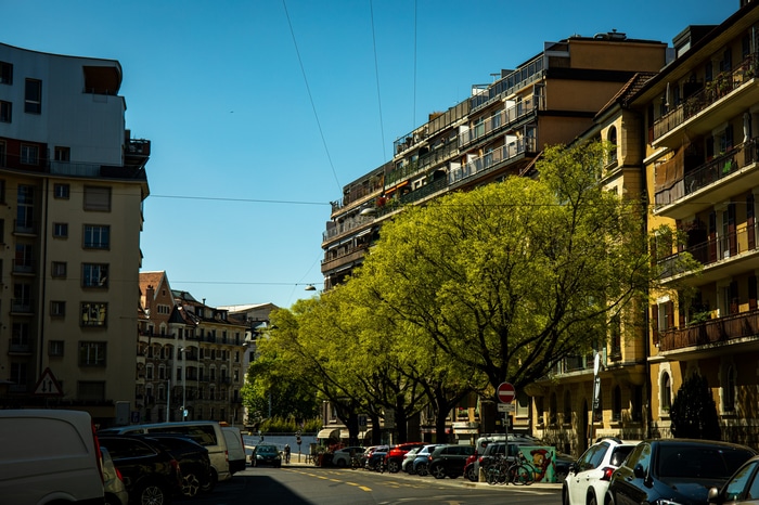 Street with buildings and trees in Geneva