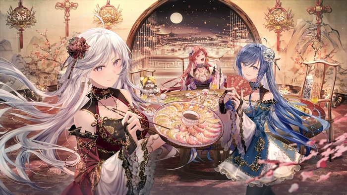 Women trio eating dumplings at a table