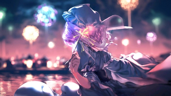 Saigyouji Yuyuko holding a sparkler with fireworks
