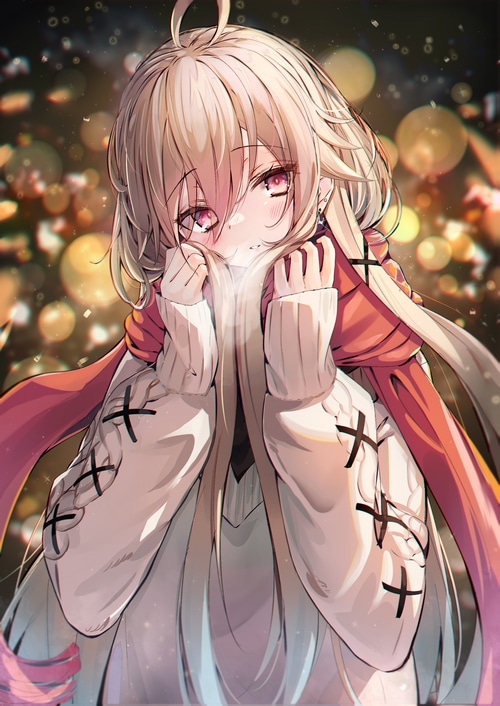 Anime girl with blonde hair and red scarf