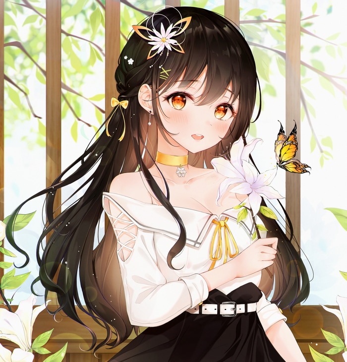 Anime girl with butterfly and flowers