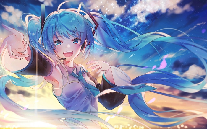 Hatsune Miku singing with twintails and blue hair