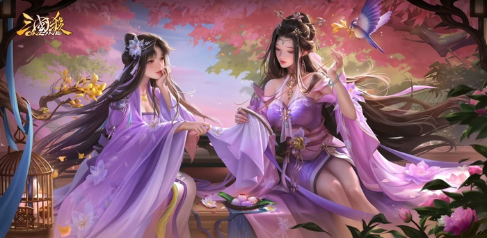 Two women in purple dresses with a bird