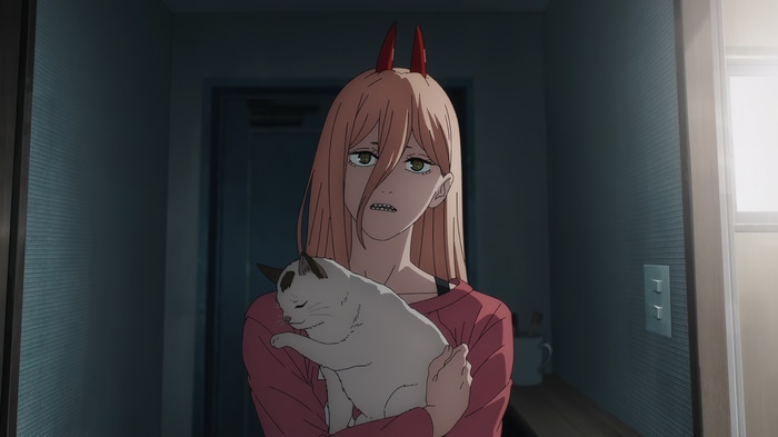 4K Anime screenshot of Power holding a cat