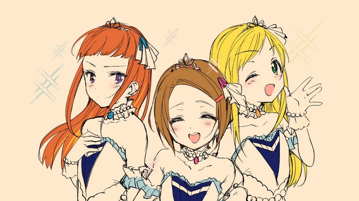 Three anime girls with tiaras and dresses