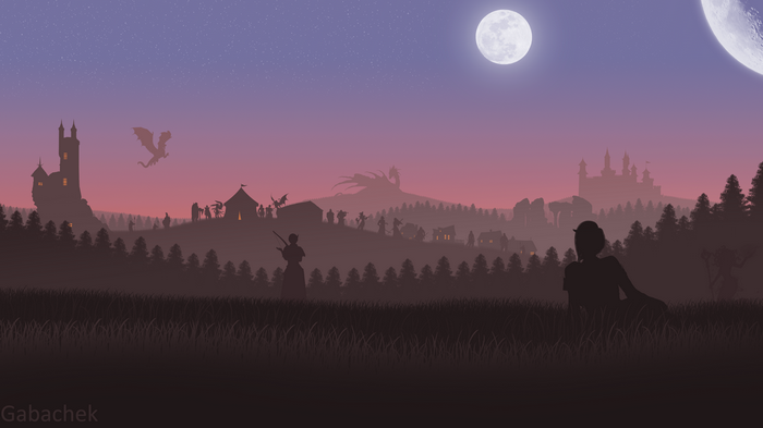 Fantasy landscape with castles, dragons, and people