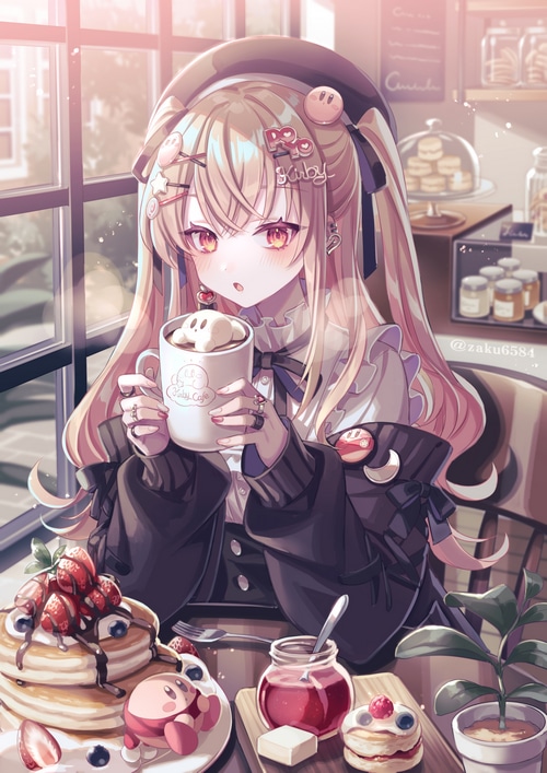 Anime girl with Kirby and pancakes at a cafe