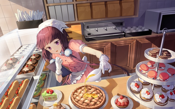 Sakuranomiya Maika pouring syrup on a pie in a bakery
