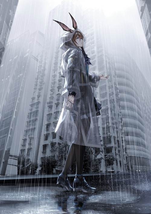 Amiya in a raincoat in the rain