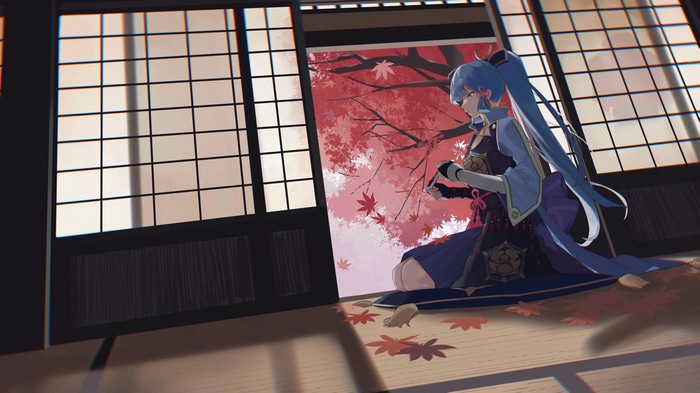 Kamisato Ayaka kneeling by a window with autumn leaves