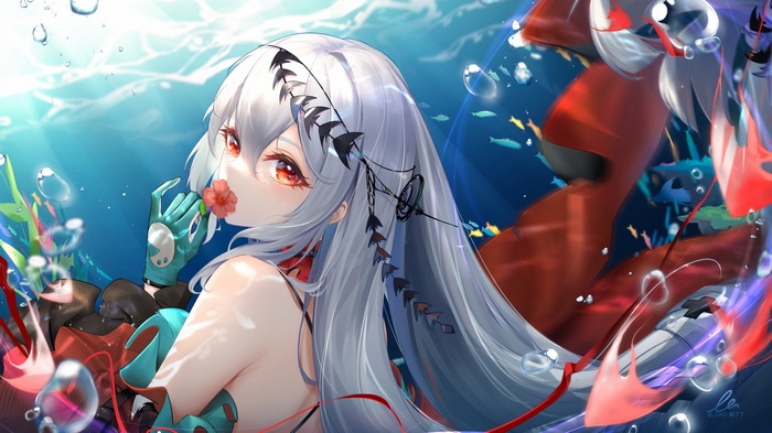Skadi underwater with fish and bubbles