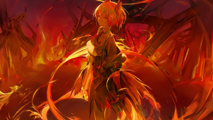 Fiammetta from Arknights surrounded by fire