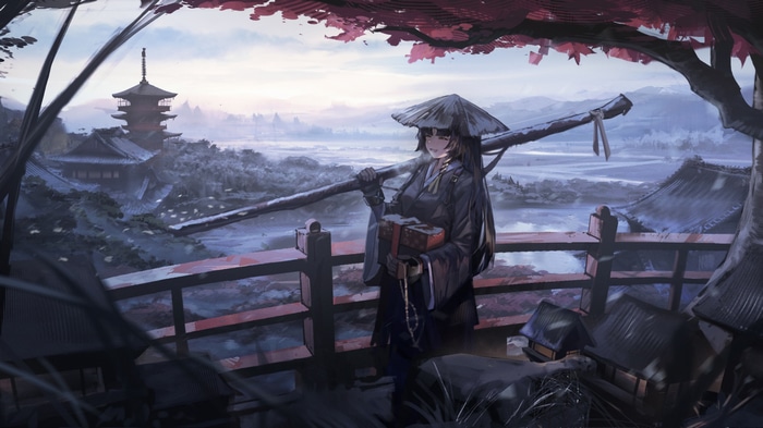 Anime girl with a staff and gift in a Japanese landscape