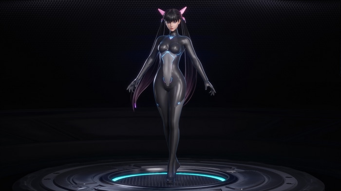JiaNan in a black cyberpunk bodysuit with pink cat ears