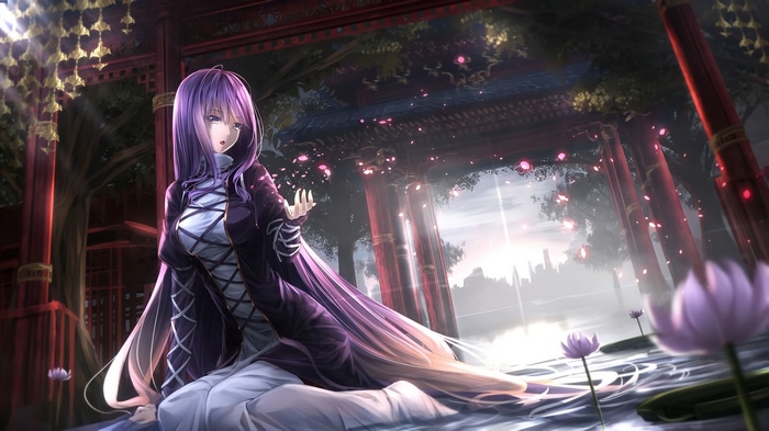 Hijiri Byakuren in a Japanese garden with lotus flowers